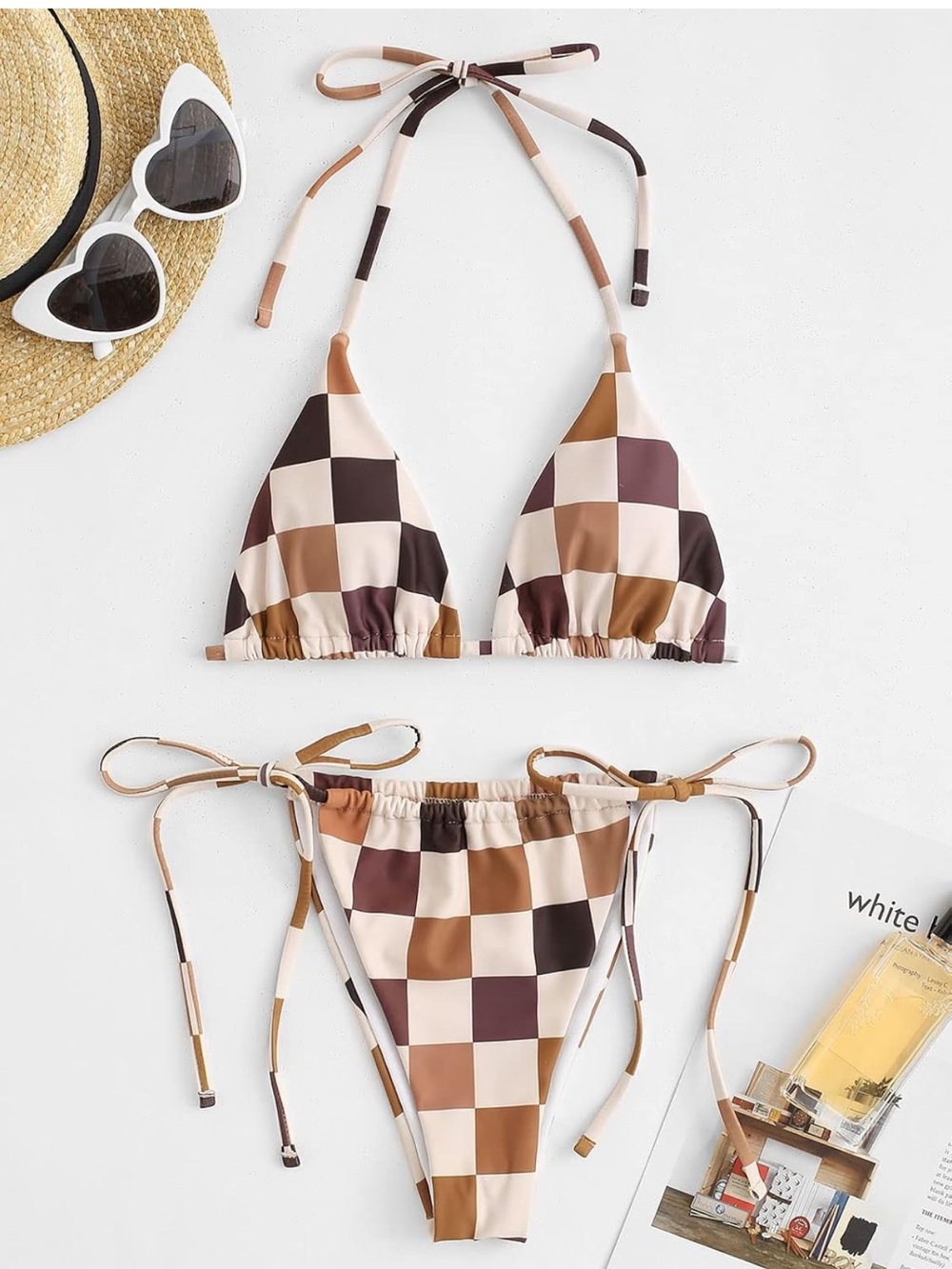 Zaful Brown & Cream Checkerboard High Cut String Bikini